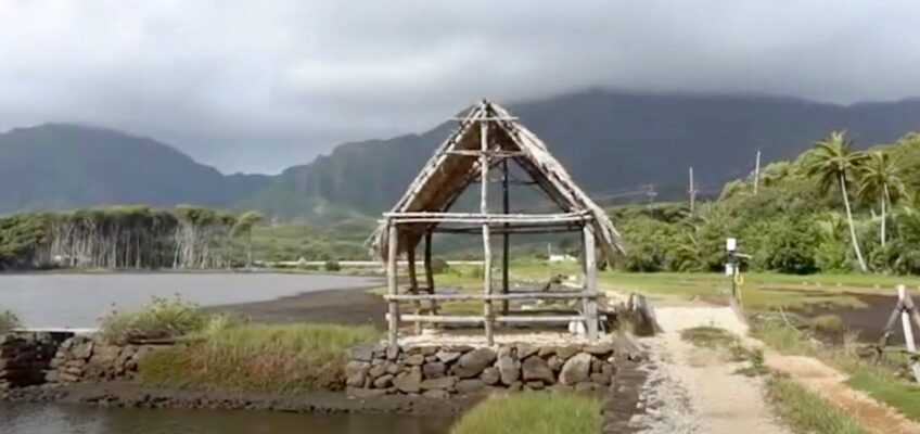 Open wooden shelter on coastal path with mountains