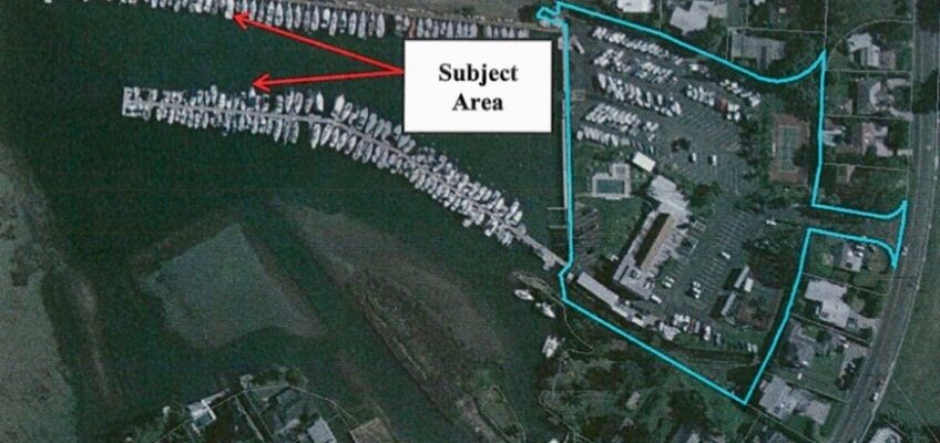 Aerial view of marina and outlined subject area
