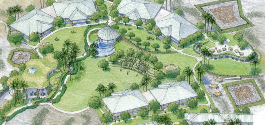 Aerial watercolor site plan of tropical resort